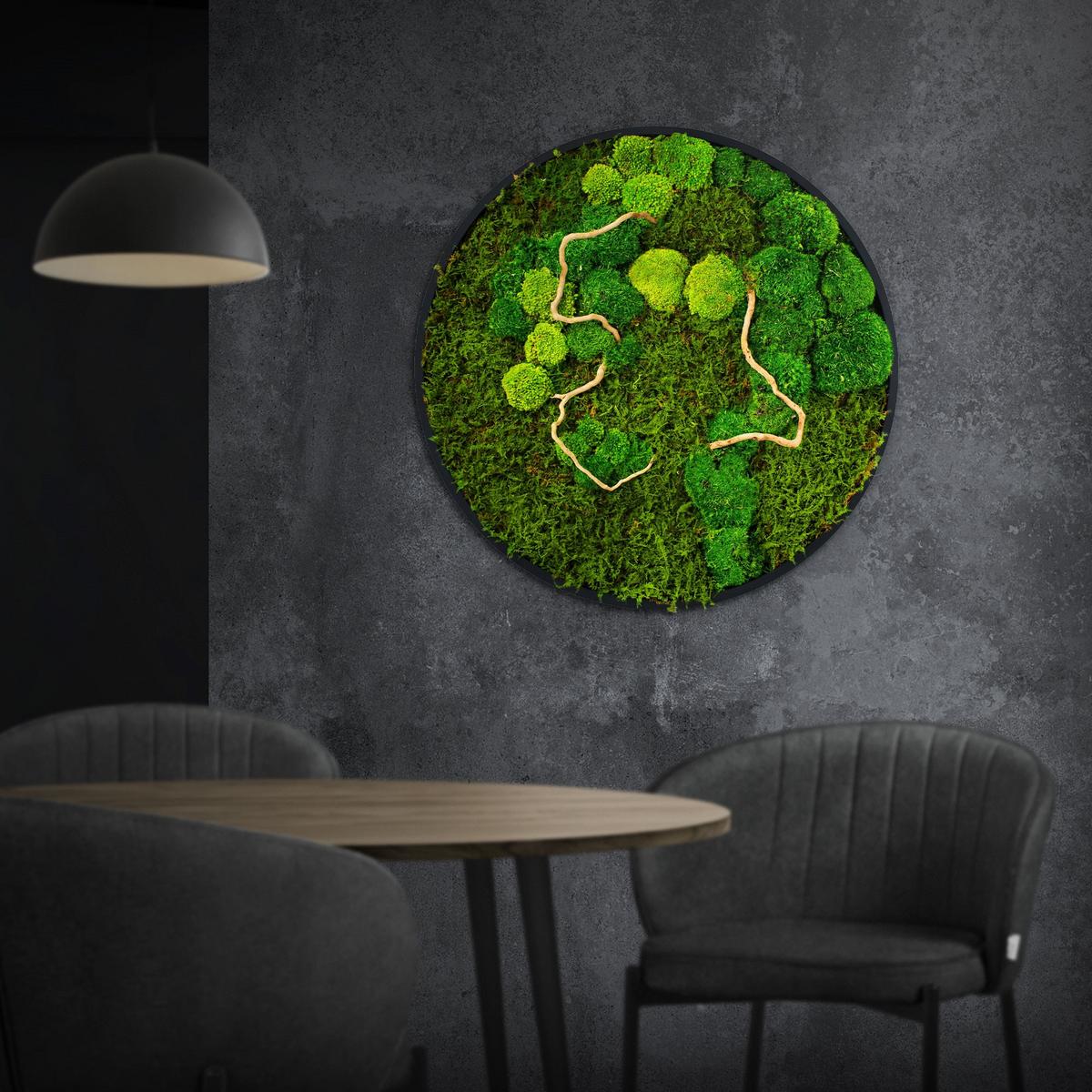 MOOSBILD Rund Ø 60 cm Mooswand Indoor mit echtem Kugelmoos-Flachmoos-Mix und Ästen Holzrahmen Grün - Grün, Naturmaterialien (60/60/3cm) - ECD-Germany
