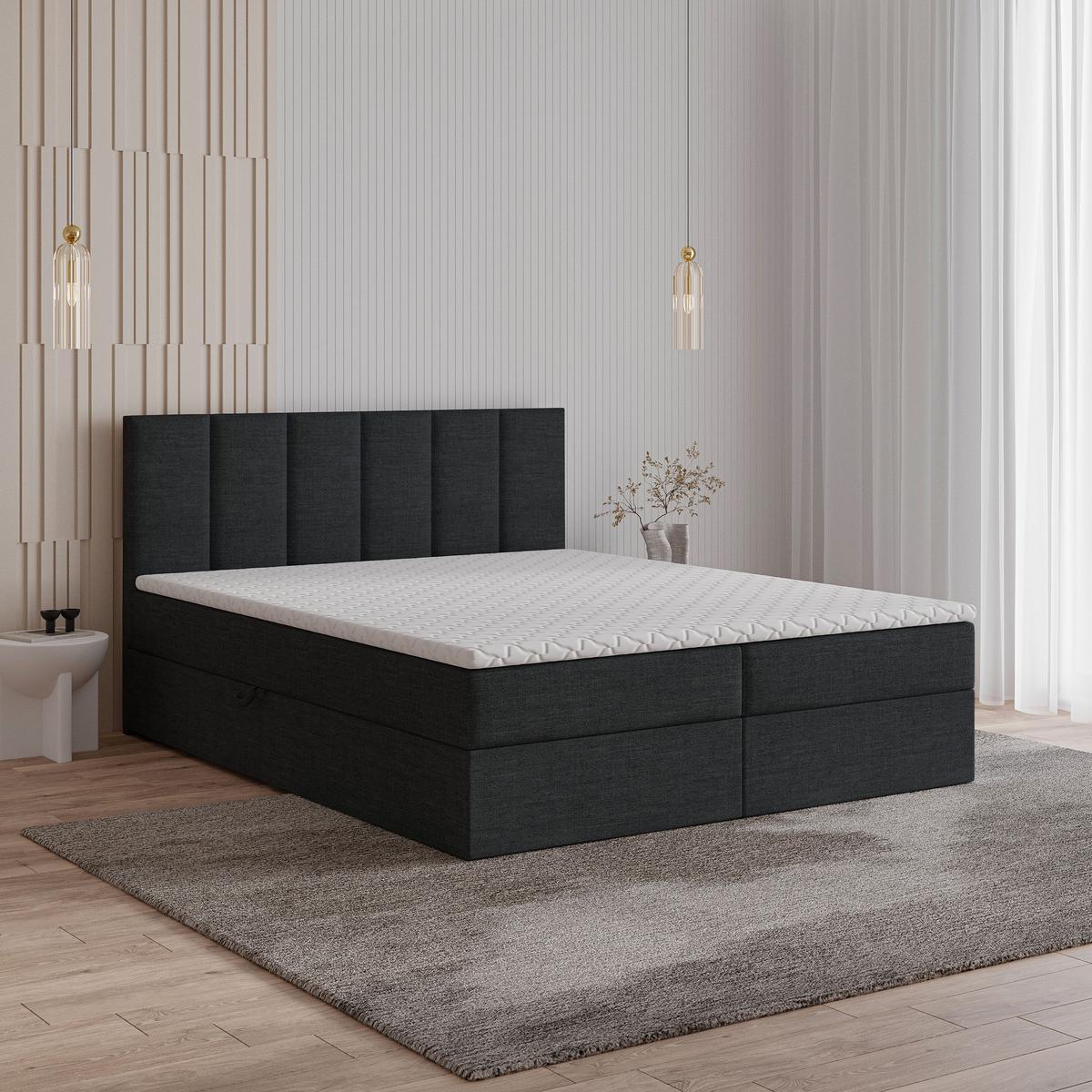 BOXBETT MERIL 200x200 cm mit Matratze und Topper, H2+H3 - Schwarz - Schwarz, Holz (200/200cm) - MASSENO
