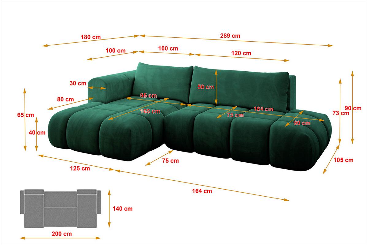 ECKSOFA Ottomane Links CLOUD-L 280x185x90 Dunkelgrün Velours - Dunkelgrün, Holzwerkstoff/Kunststoff (180/289cm) - ALTDECOR