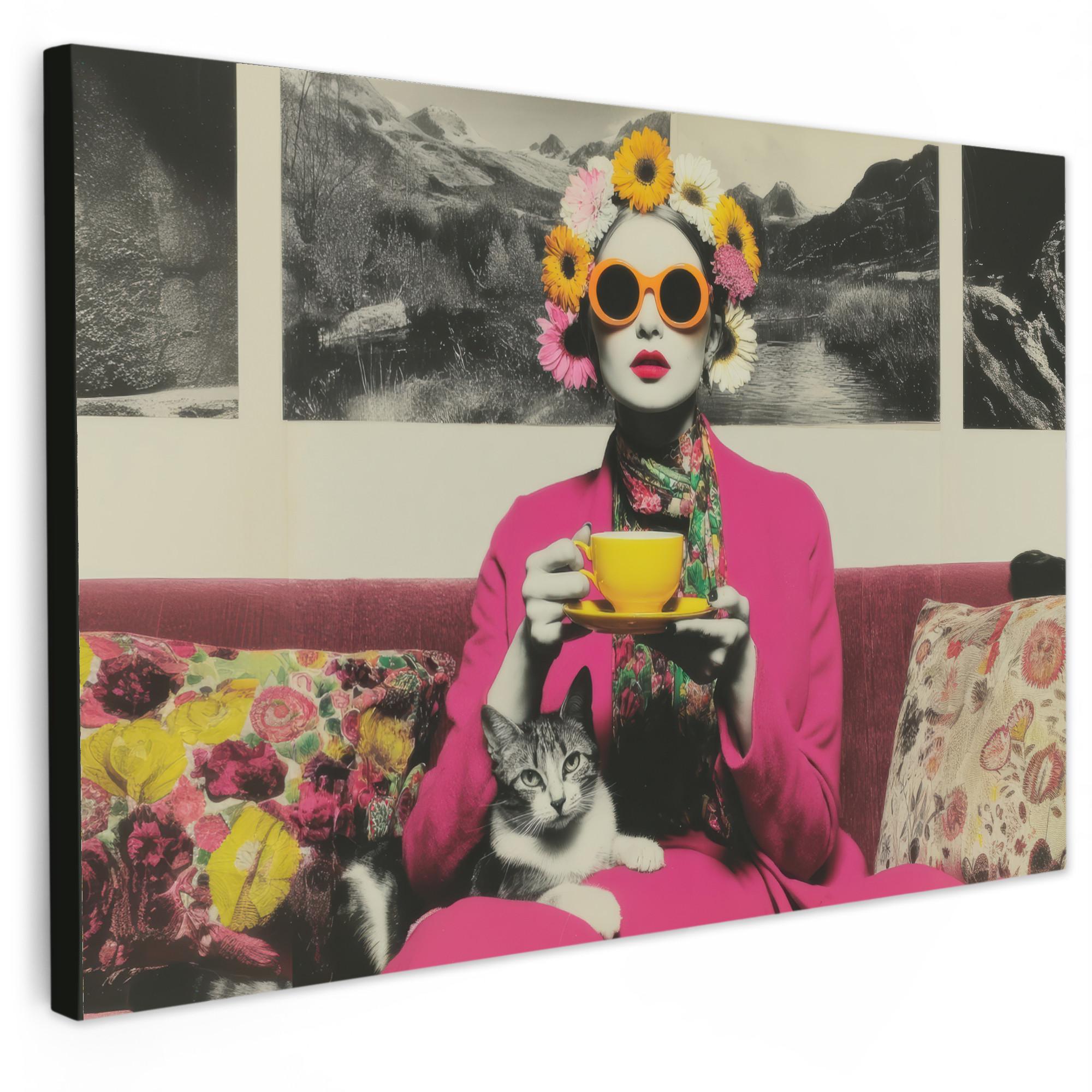 LEINWANDBILD Frau - Katze - Blumen - Tasse - Retro Gemälde 60x40 cm - Magenta, Textil (60/40cm) - MuchoWow