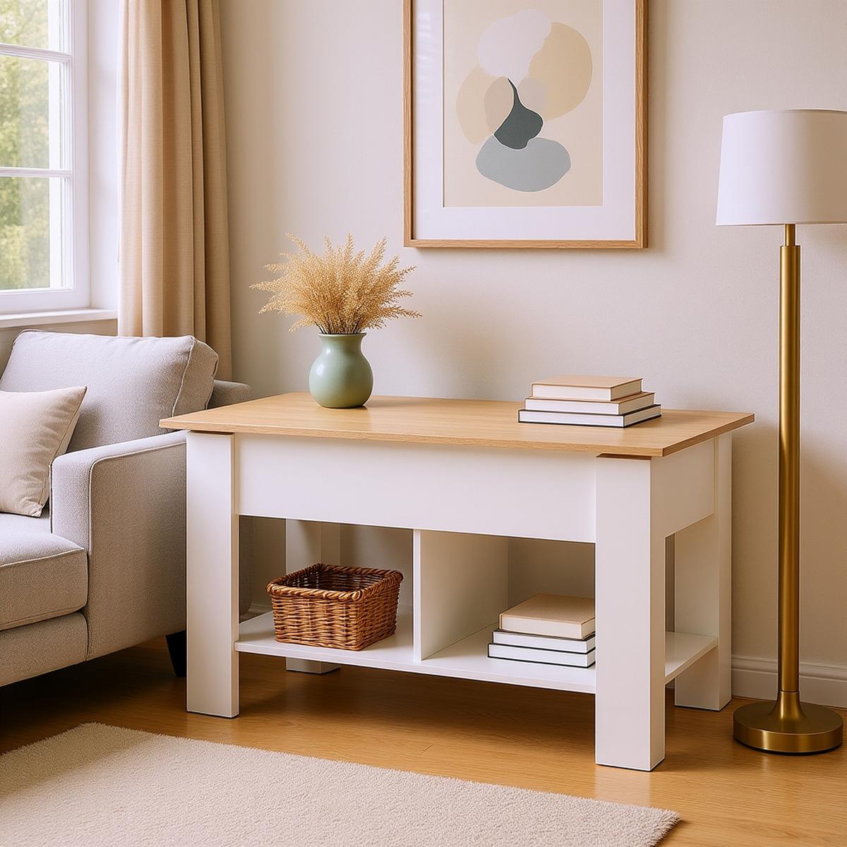 COUCHTISCH mit Lift-Top, Stauraum und Ablagefach, Weiß/Eiche - Goldfarben/Weiß, Holz (96/50/47cm) - Urban Meuble