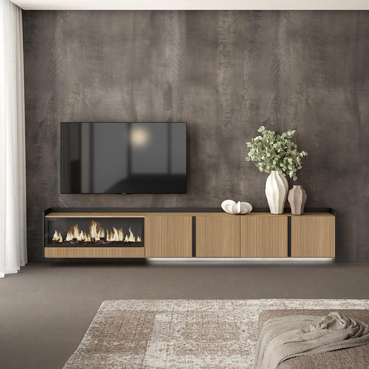 LOWBOARD, Eiche und Schwarz, 315/35/50cm, Elektrokamin XXL, Hängend, Led - Eichefarben, Holzwerkstoff (315/50/35cm) - Skraut Home