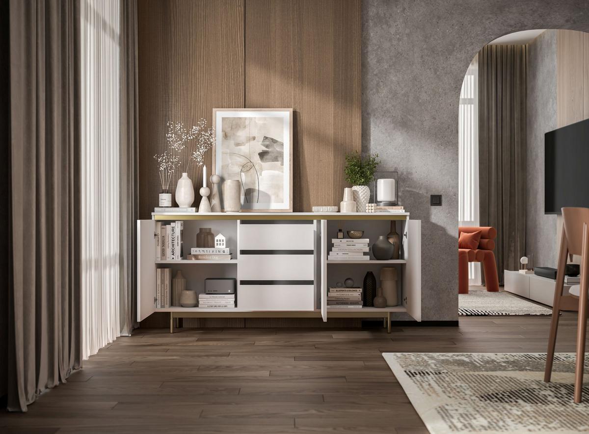 KOMMODE Selene 3D Weiß matt 167 cm mit goldenem Metallrahmen - Goldfarben/Weiß, Holzwerkstoff/Metall (167/79/35cm) - Meble Lindner