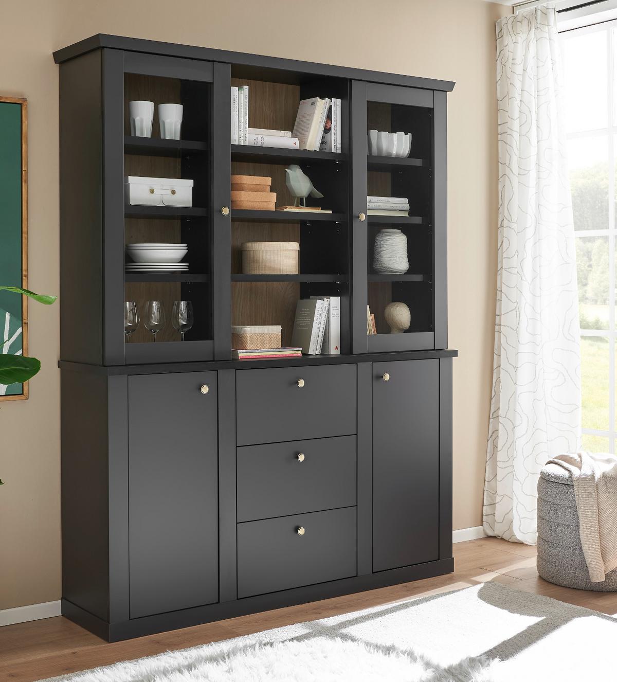 BUFFET schwarz matt, Eiche 158 cm, Buffetschrank Landhaus mit Soft-Close - Eichefarben/Messingfarben, Glas/Holzwerkstoff (158/201/42cm) - Furn.Design
