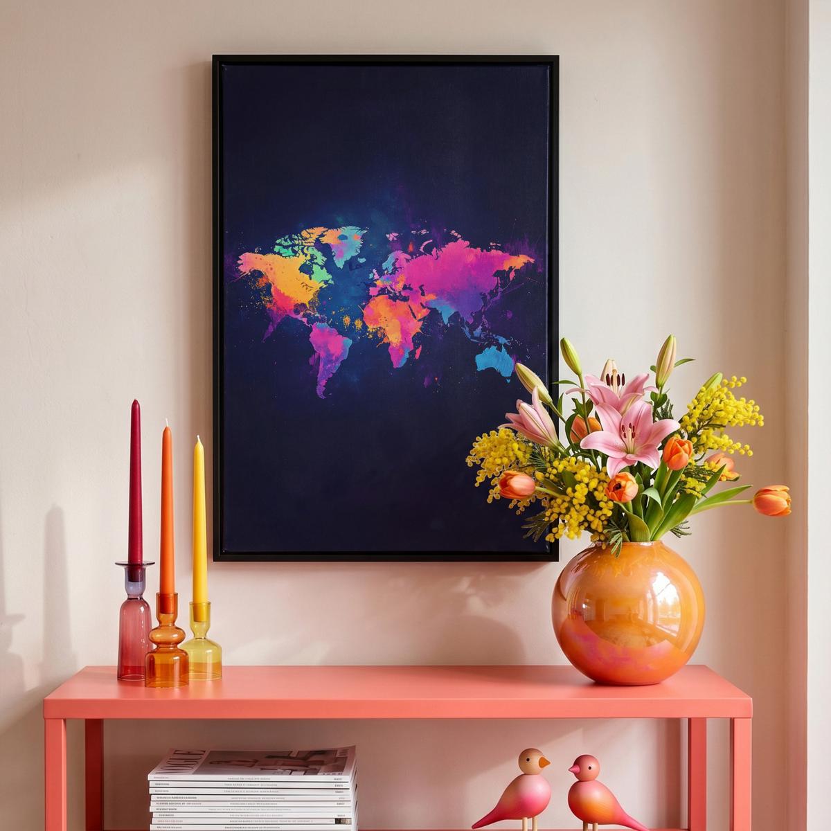 LEINWAND Bilder mit Rahmen - Weltkarte - Bunt - Graffiti - 40x60 - Multicolor, Textil (40/60cm) - MuchoWow