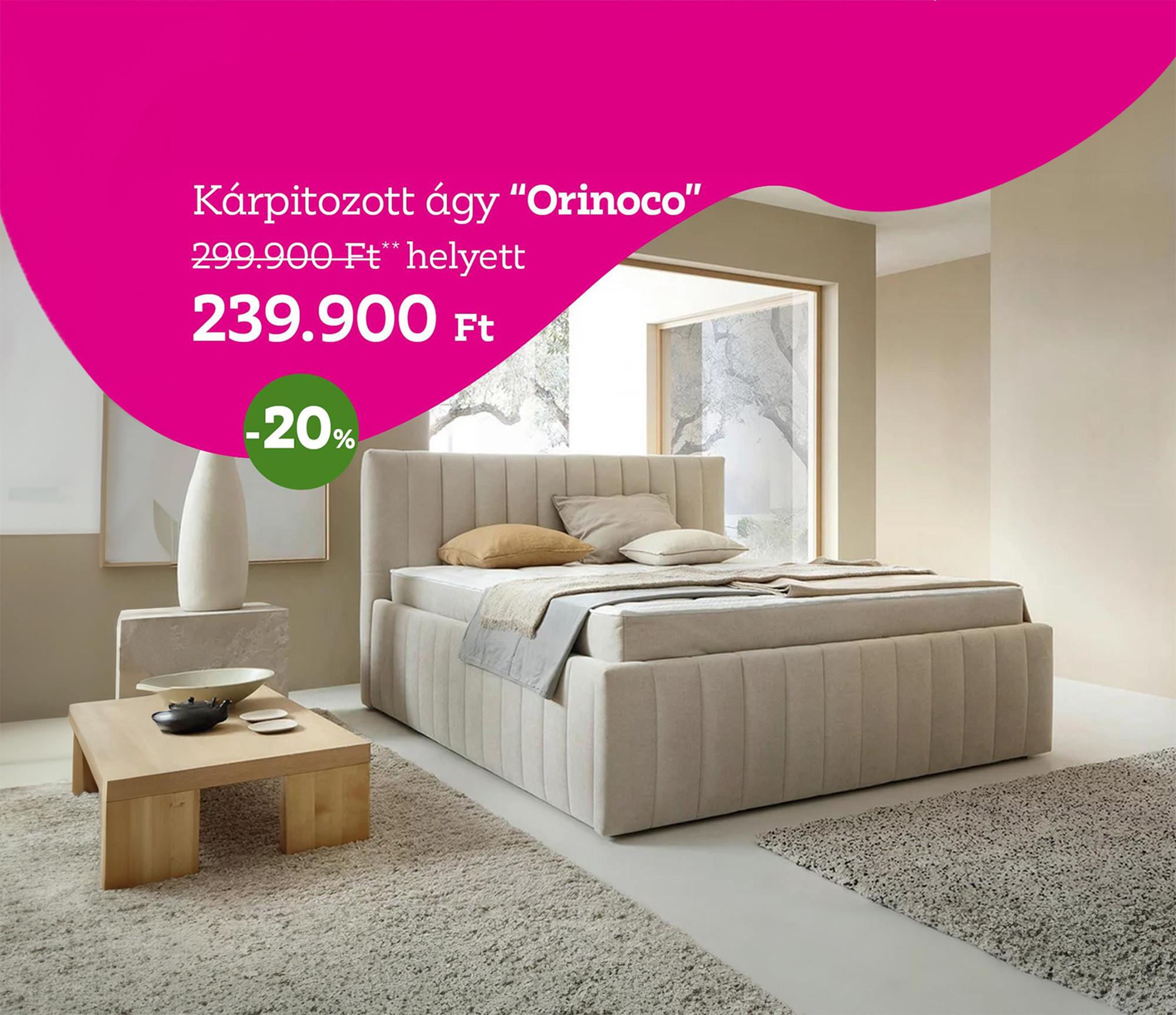 Orinoco kárpitozott ágy 299.900 Forint helyett 239900 Forint, kedvezmény mértéke: 20%