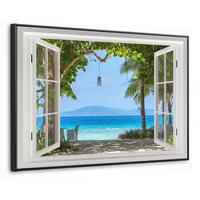 LEINWAND Bilder mit Rahmen - Aussicht - Baum - Meer - Palme - Hügel - Strand - Blau - 90x60 - Blau, Textil (90/60cm) - MuchoWow