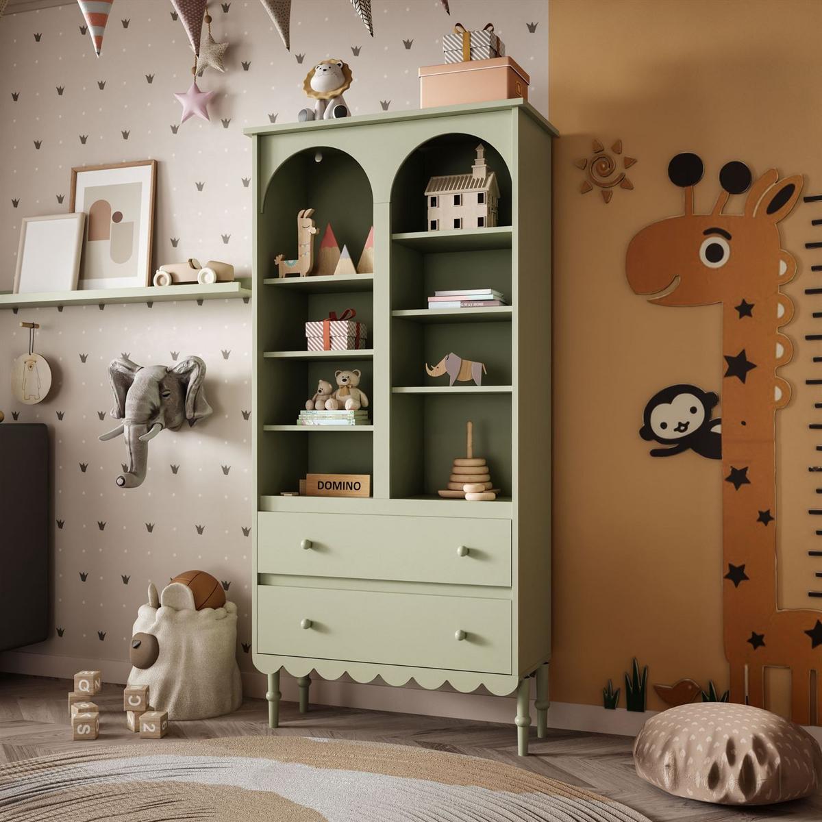 BABYREGAL BABUSHKA – Hohes Kinderregal, Olivgrün - Olivgrün, Holzwerkstoff (84/183/37cm)