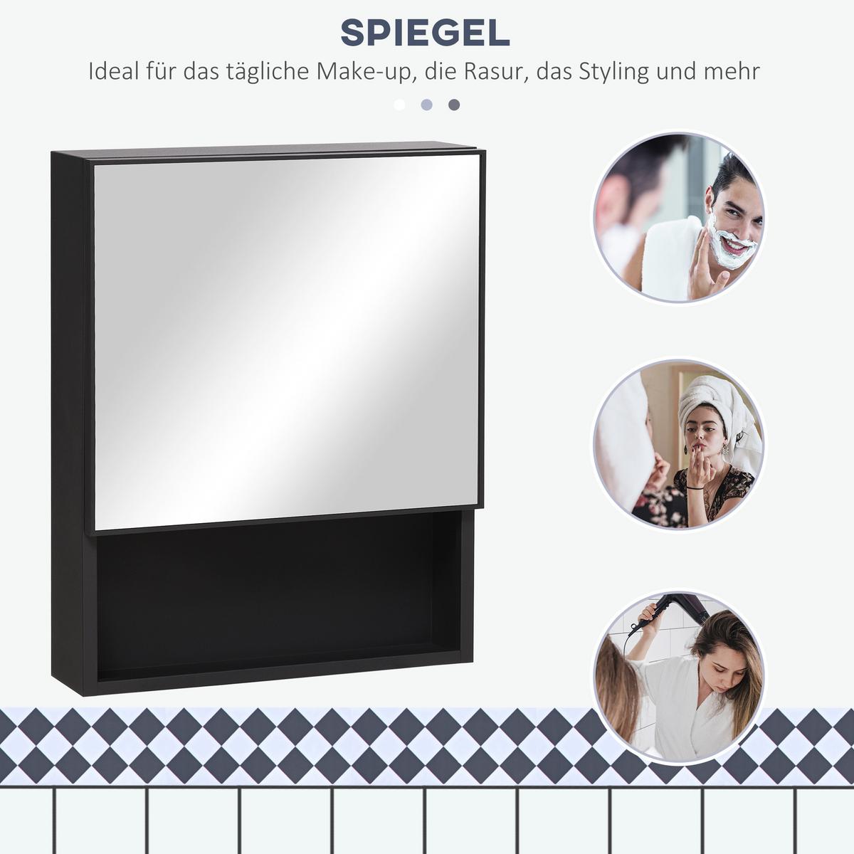 SPIEGELSCHRANK mit Spiegeltür, 2 Innenböden, Edelstahl, Glas, Schwarz - Schwarz, Glas (46/58/14cm) - Kleankin