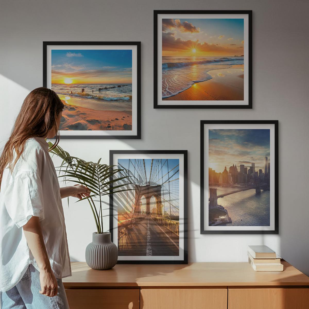 BILDER SET 4er Set - 50x50 cm & 40x60 cm Schwarzer Rahmen - Brücken, Sonnenuntergänge, Stadt - Schwarz, Kunststoff (50/50cm) - TULUP