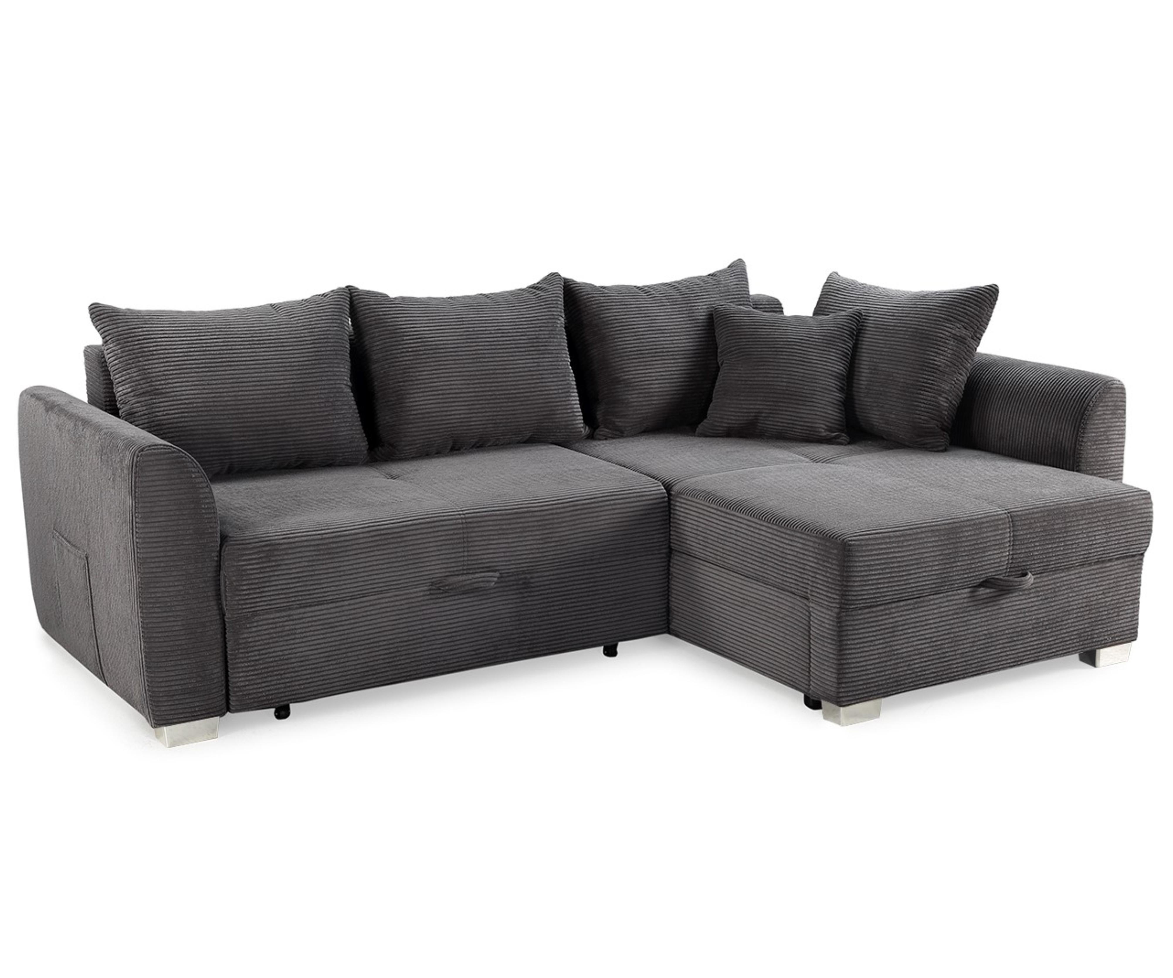 ECKSOFA mit Schlaffunktion und Bettkasten, seitenverkehrt montierbar B236/T160/H81 cm, Liegefl. 142x202 cm, Cord Dunkelgrau / 15202 - Chromfarben/Dunkelgrau, Kunststoff/Textil (236/160cm) - luma-home