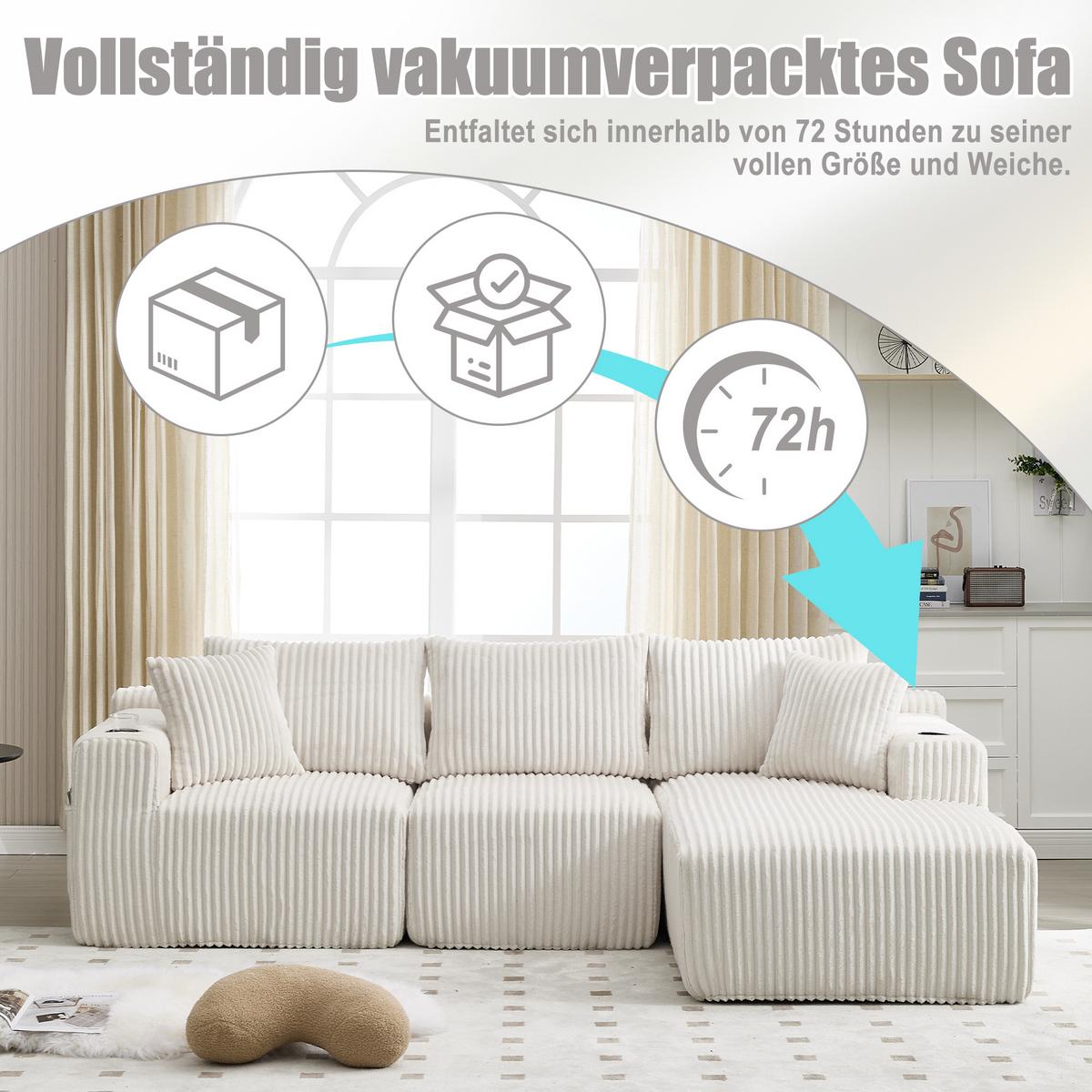 ECKSOFA mit Chaiselongue Cord - Beige, Textil (257/160cm) - Urban Meuble