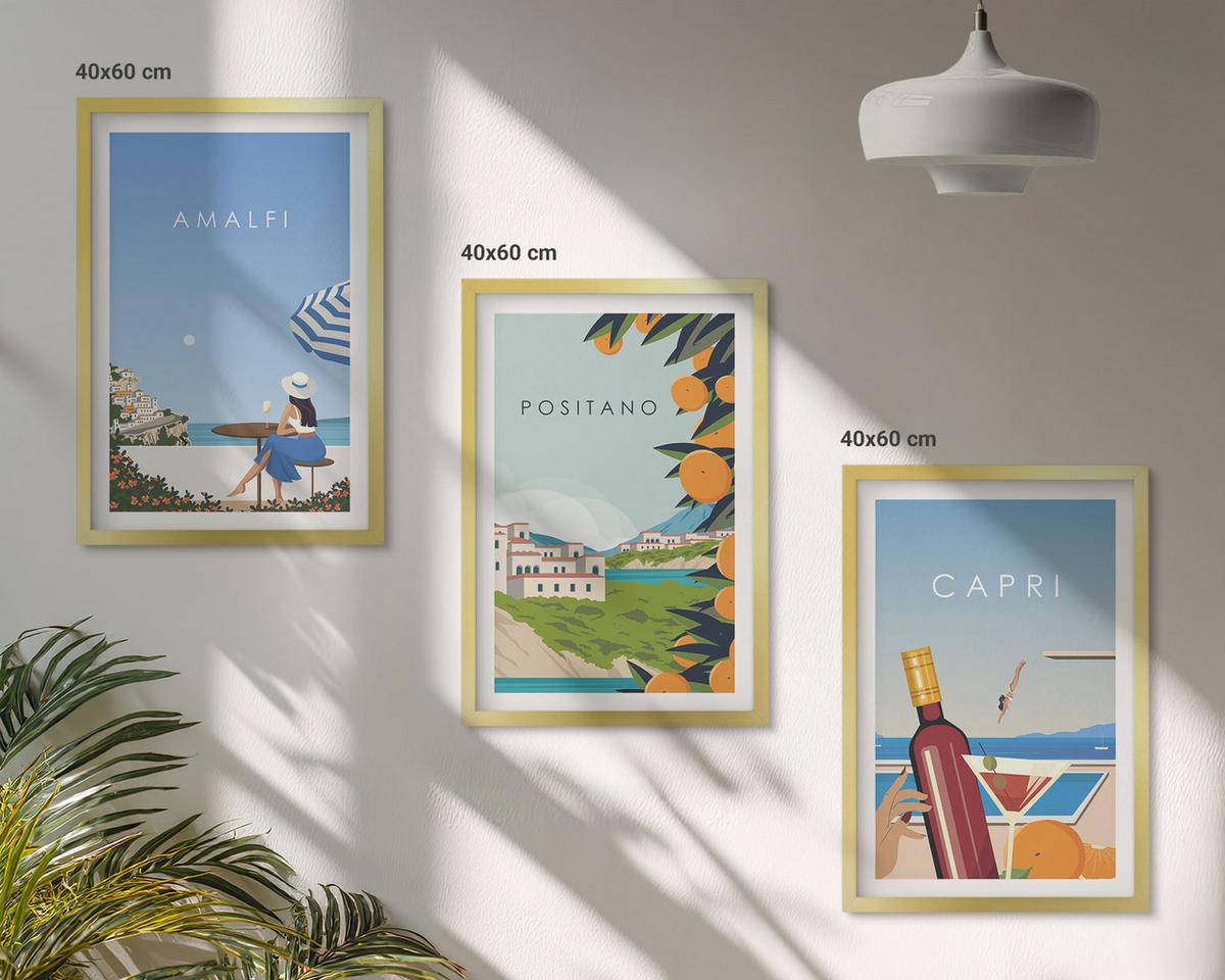 BILDER SET 3er Set - 40x60 cm Goldrahmen - Amalfi, Positano und Capri - Goldfarben, Kunststoff (40/60cm) - TULUP