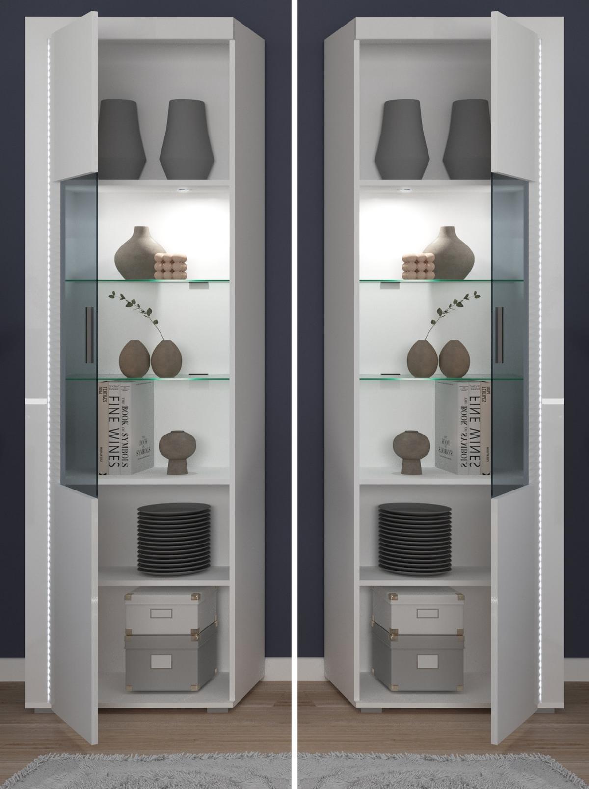 VITRINE weiß Hochglanz 60 x 200 cm, Soft-Close-Funktion, inkl. Beleuchtung - Weiß Hochglanz/Silberfarben, Glas/Holzwerkstoff (60/202/37cm) - Inn.Furn