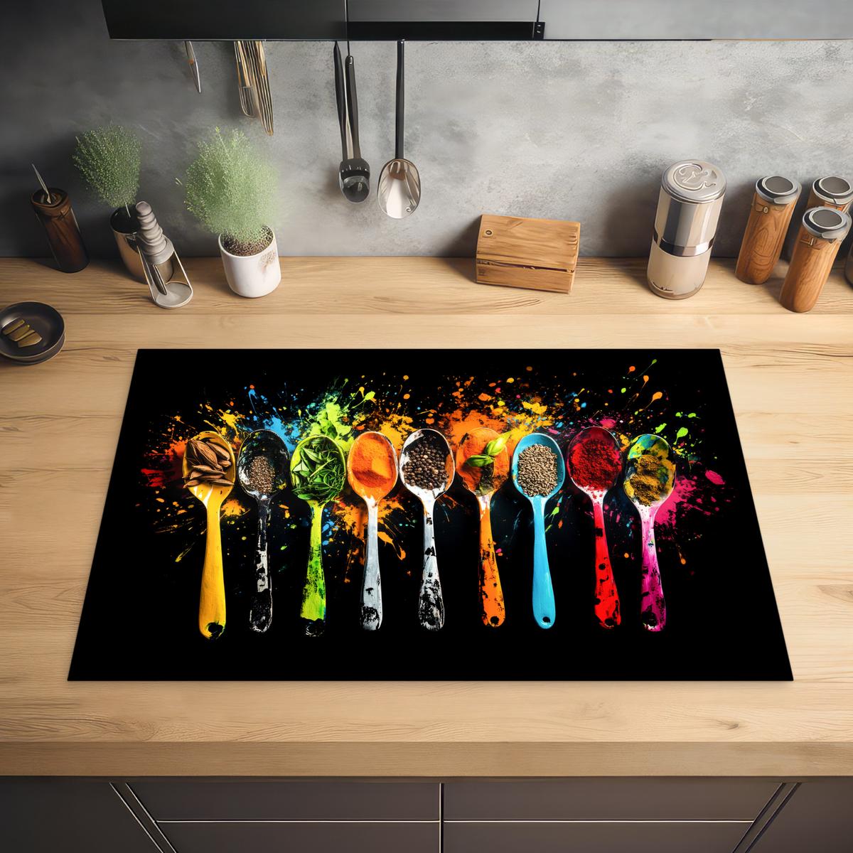 HERDABDECKPLATTE Löffel - Gewürze - Modern - Graffiti - Farbe - Farbenfroh Ceranfeldabdeckung 80x52 cm - Multicolor, Kunststoff (80/52/0.2cm) - MuchoWow