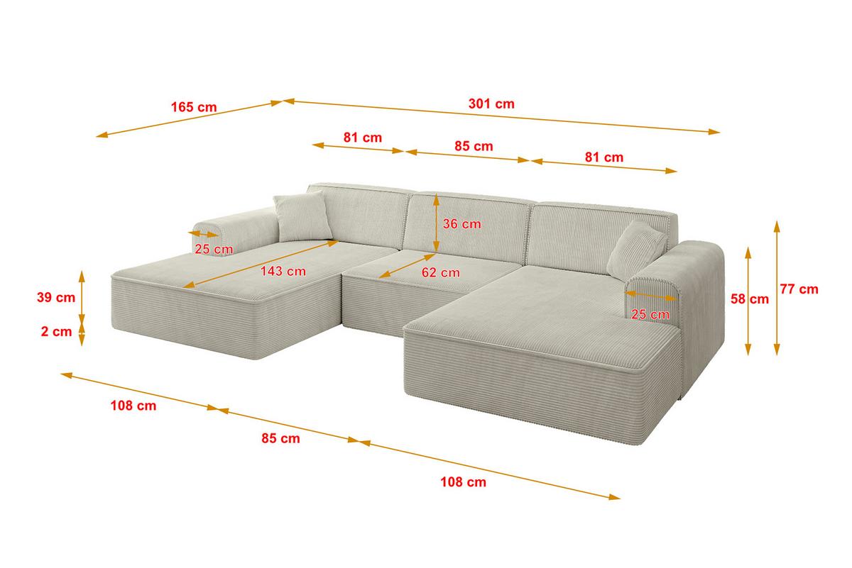 WOHNLANDSCHAFT IREA-U1-v3 - 301x165x77 cm Creme - Ecru/Creme, Holzwerkstoff/Textil (301/77/165cm) - ALTDECOR