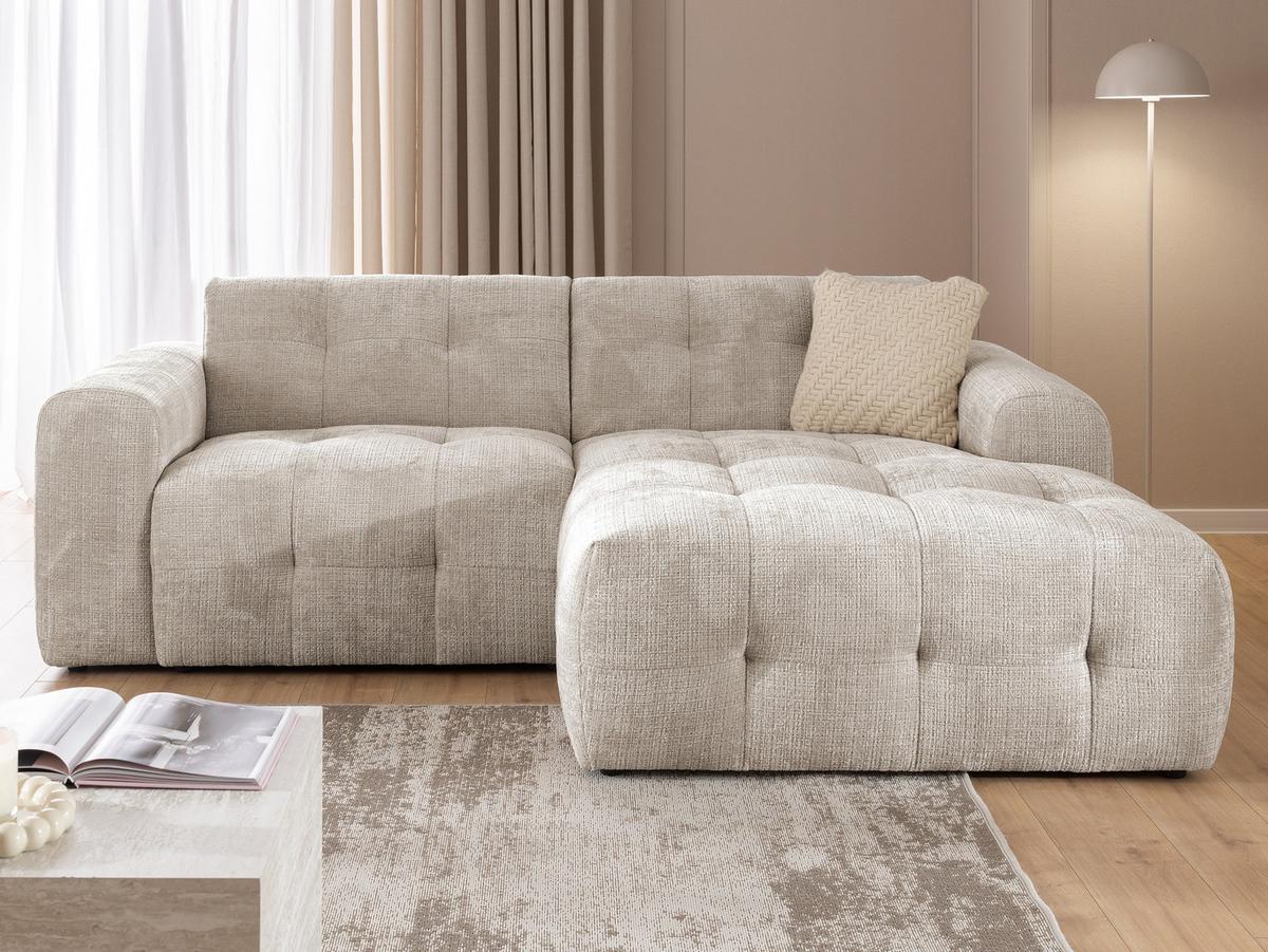 ECKSOFA Kozy im Bumpy-Design mit fester Rückenlehne aus weichem Dunkelbeige Chenille-Stoff - Ottomane rechts - Beige/Schwarz, Holz/Kunststoff (234/161cm) - S-Style Möbel