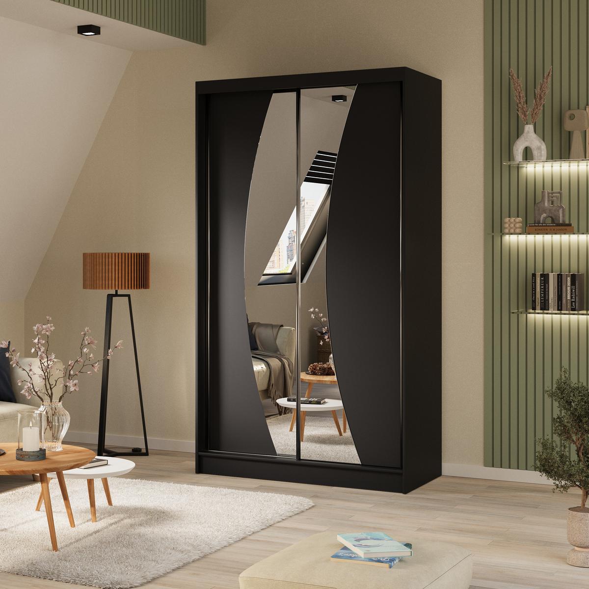 SCHWEBETÜRENSCHRANK Vox II 120/216/61 schwarz mit Spiegel und Schubladen - Schwarz, Holzwerkstoff (120/216/61cm) - Beautysofa