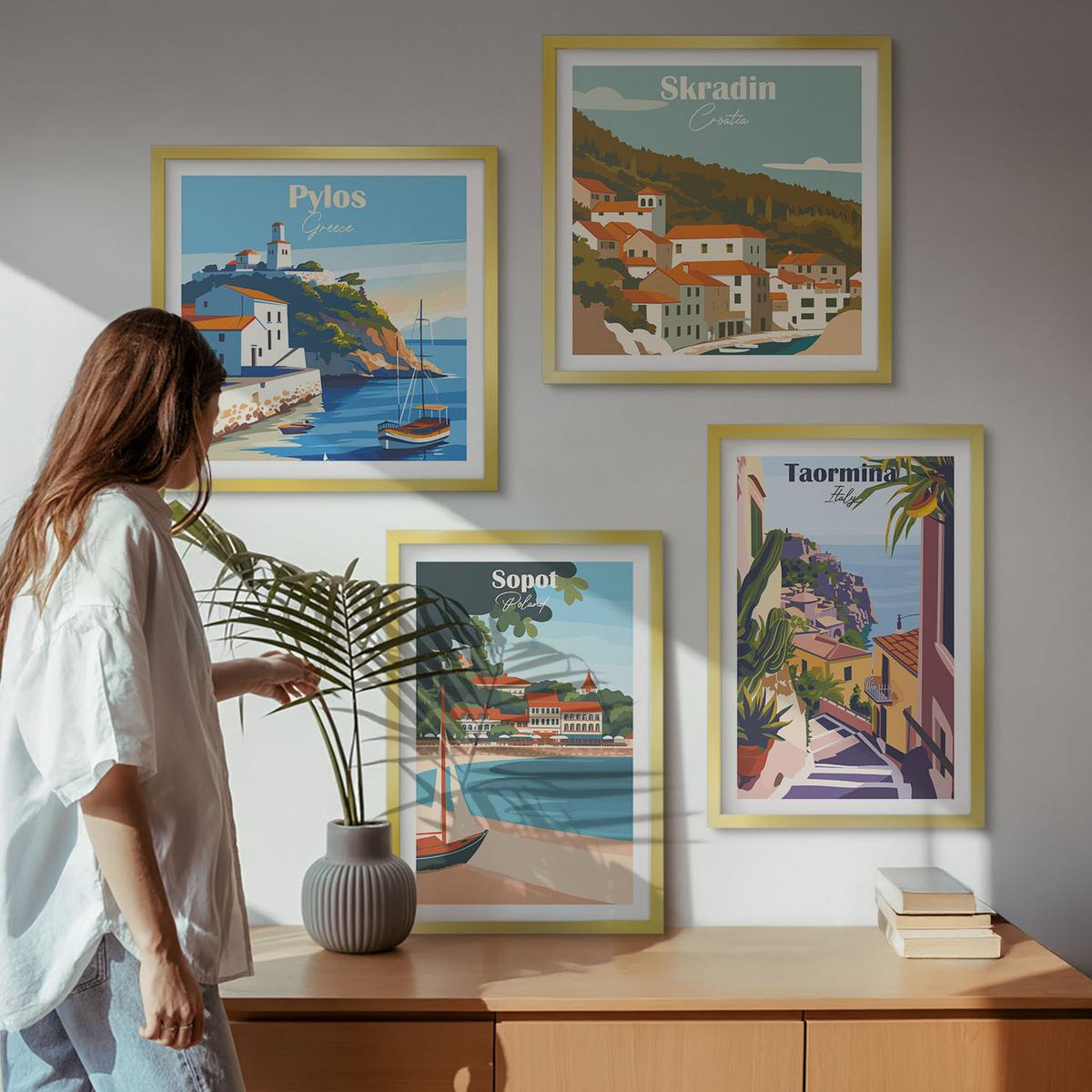 BILDER SET 4er Set - 50x50 cm & 40x60 cm Goldrahmen - Illustrationen von Küstenstädten - Goldfarben, Kunststoff (50/50cm) - TULUP