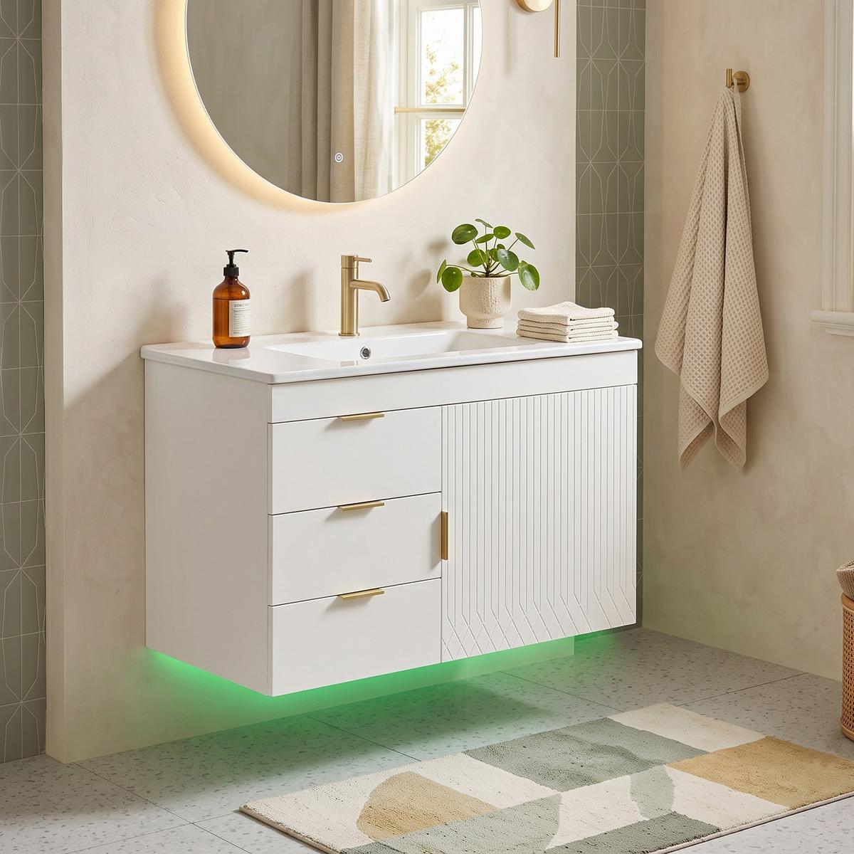 WASCHTISCH mit Unterschrank 76cm Weiß Holzoptik, LED-App & Soft-Close - Weiß, Holzwerkstoff (76/51/46cm) - Urban Meuble