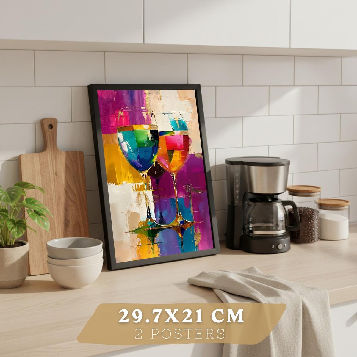 POSTER 2er Set Küchen-Wandbilder Weingläser und Flaschen Pop Art Bunt Abstrakt Esszimmer Wanddeko Schwarzer Rahmen A4 - Schwarz, Papier (29.7/1/21cm) - Nacnic