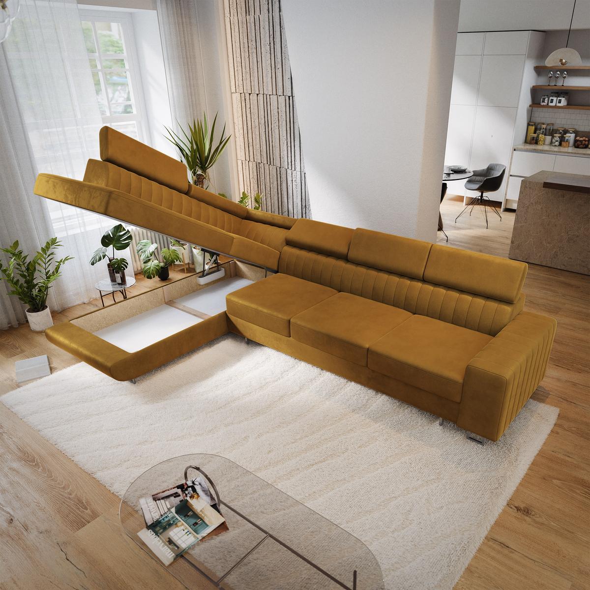 ECKSOFA HESTION Gelb Velours-Stoff mit Schlaffunktion - Gelb, Holz (332/190cm) - MASSENO