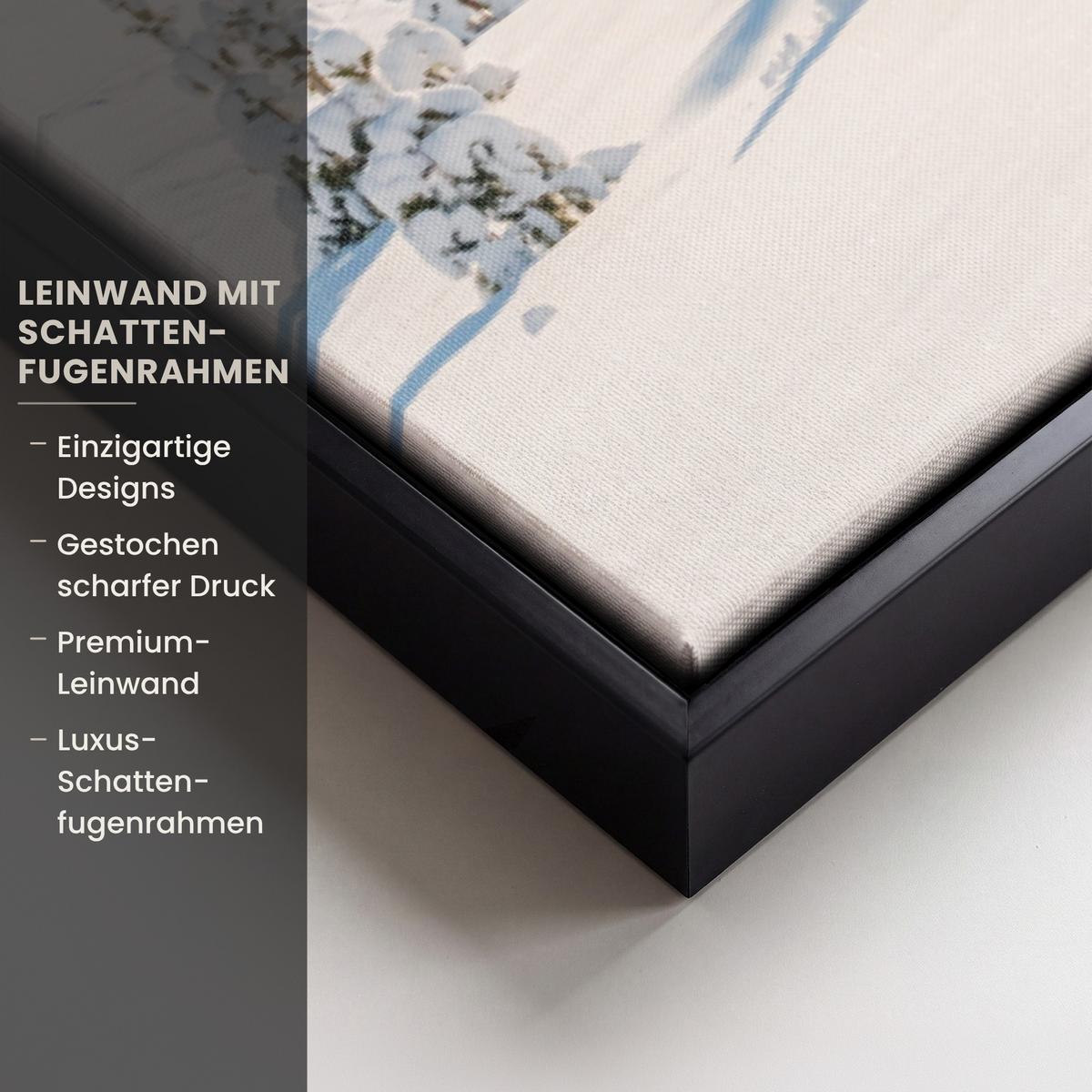 LEINWAND Bilder mit Rahmen - Winter - Hütte - Berge - Aussicht - Schnee - 90x60 - Eichefarben, Textil (90/60cm) - MuchoWow