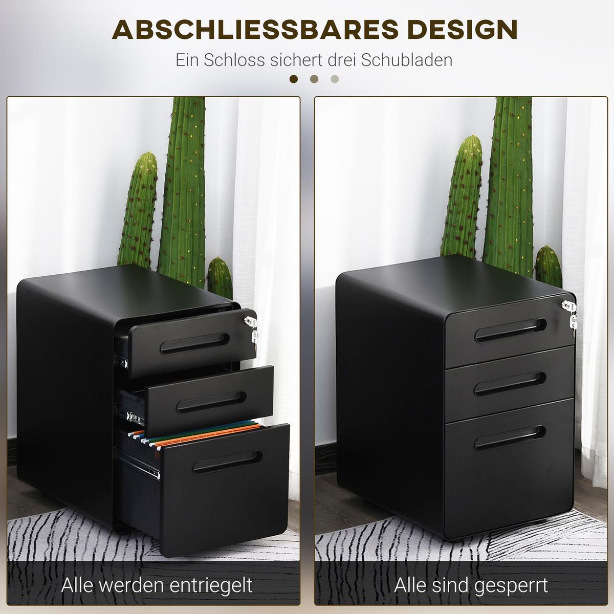 ROLLCONTAINER Aktenschrank mit 3 Schubladen Bürocontainer Stahl Schwarz - Schwarz, Metall (48/59/39cm) - Vinsetto