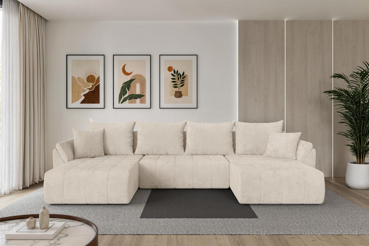 WOHNLANDSCHAFT mit Schlaffunktion und Bettkasten TOKO-U 378x194x86 Beige Cord - Beige/Schwarz, Holzwerkstoff/Kunststoff (378/86/194cm) - ALTDECOR