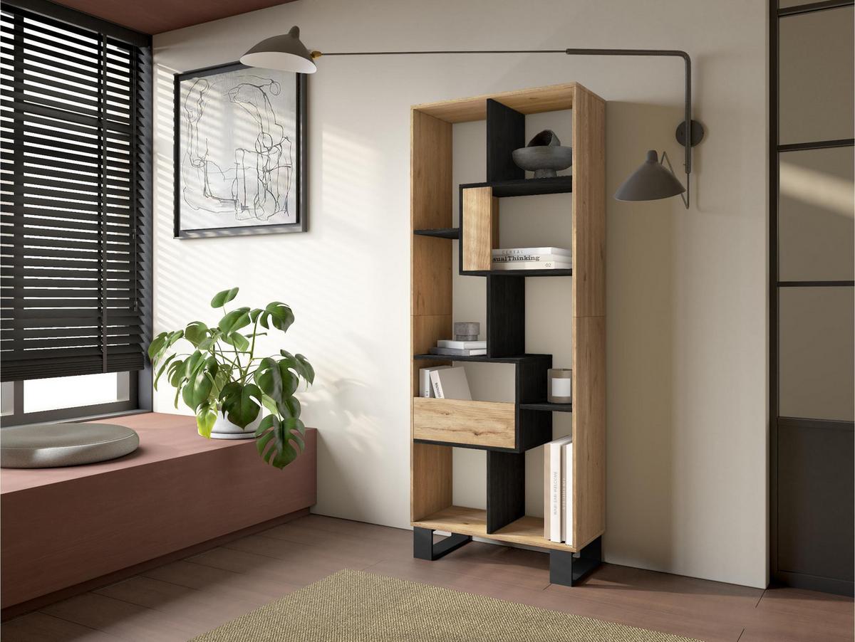 REGAL Bibliothek, Eiche und Schwarz, 67/31/174cm - Eichefarben/Schwarz, Holzwerkstoff (67/174/31cm) - Skraut Home