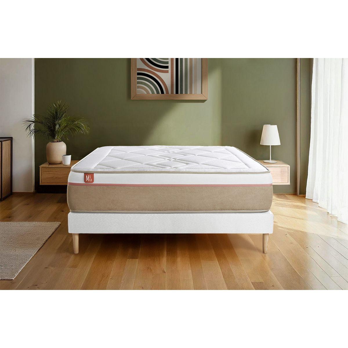 BETT Le Soyeux Taschenfederkern und Memory-Schaum 160 x 200 cm h2 - Kit Bettgestell Weiß - Mit Kissen und Bettdecke - Beige/Weiß, Karton/Holz (160/200cm) - Marmottes & Co