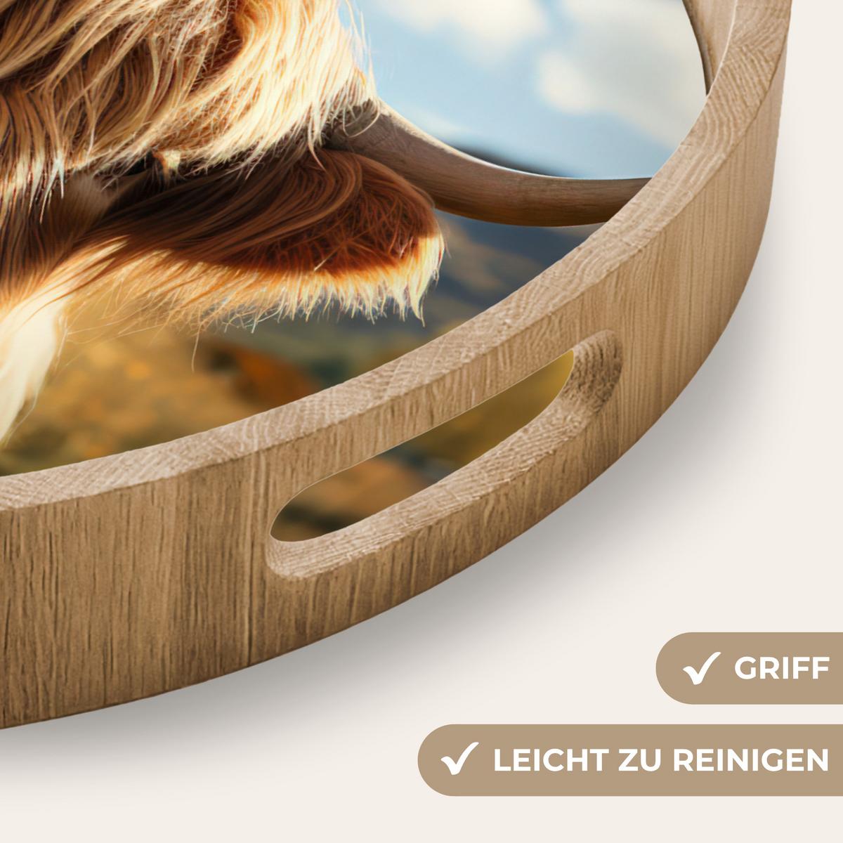 TABLETT Schottische Highlander - Blumen - Hörner - Wolken 50x50 cm - Braun, Holz (50/5/5cm) - OnlyWow