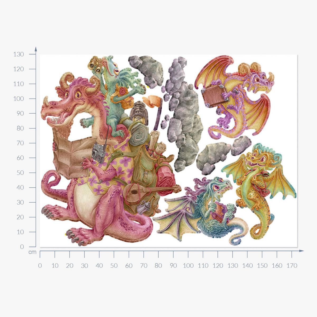 WANDAUFKLEBER 130x174cm - Drachen-Märchenfamilie - Multicolor, Kunststoff (130/174/0.1cm) - Wallfluent