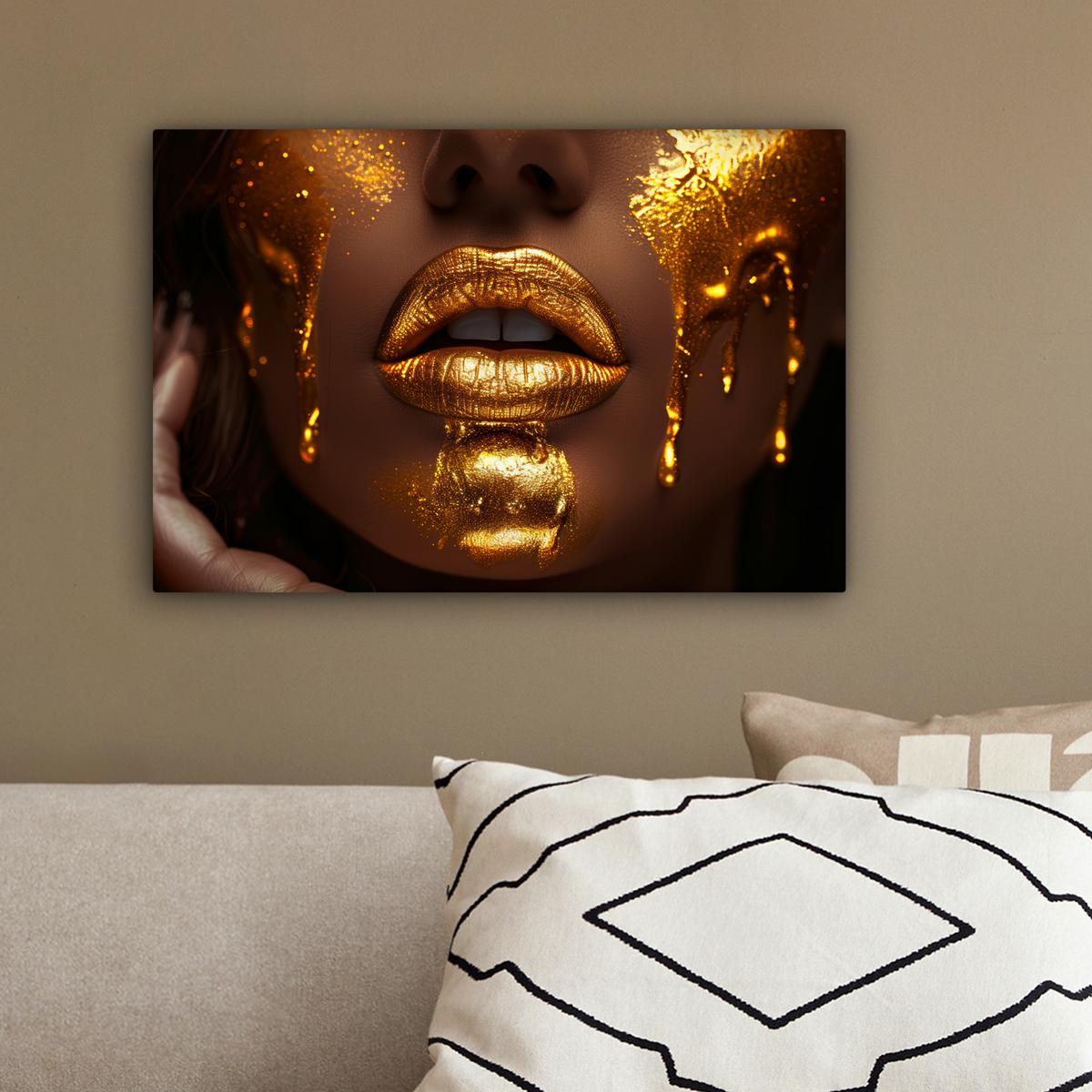 LEINWANDBILD Frau - Gold - Luxus - Porträt Deko Schlafzimmer 30x20 cm - Goldfarben, Textil (30/20cm) - MuchoWow
