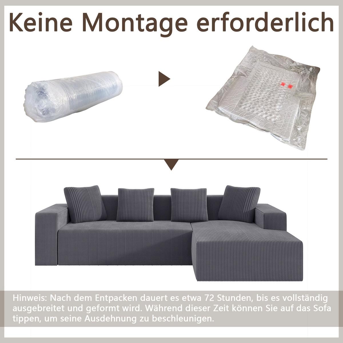 ECKSOFA aus Cord in Grau modulares Cloud-Design & ohne Montage - Beige, Textil (146/261cm) - Urban Meuble