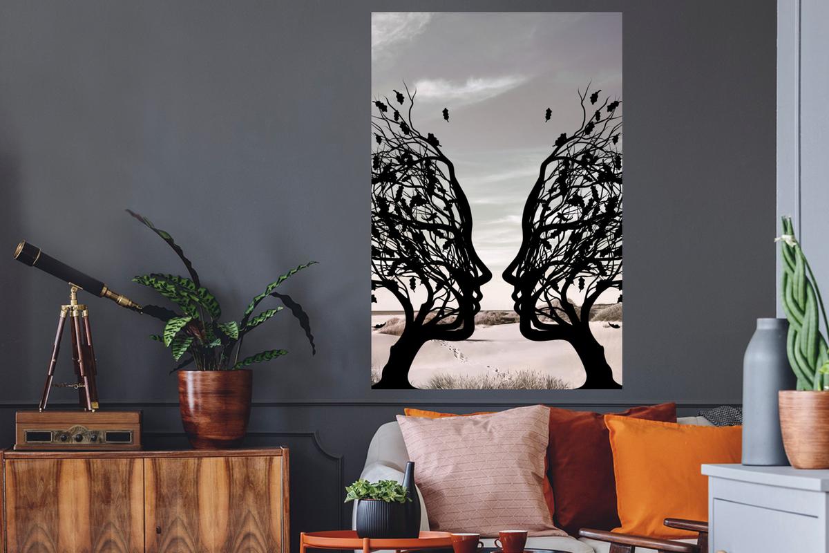 WANDTATTOO Strand - Meer - Menschen - Baum - Moderne Kunst Wandaufkleber 80x120 cm - Hellgrau, Kunststoff (80/120/0.1cm) - MuchoWow