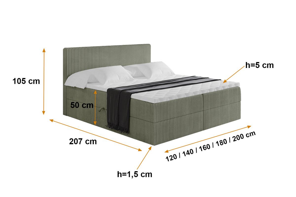 BOXBETT mit Matratze H3 und Lattenrost - TOLO - 140x200 Cord - Olive - Olivgrün, Holzwerkstoff/Kunststoff (140/200cm) - ALTDECOR