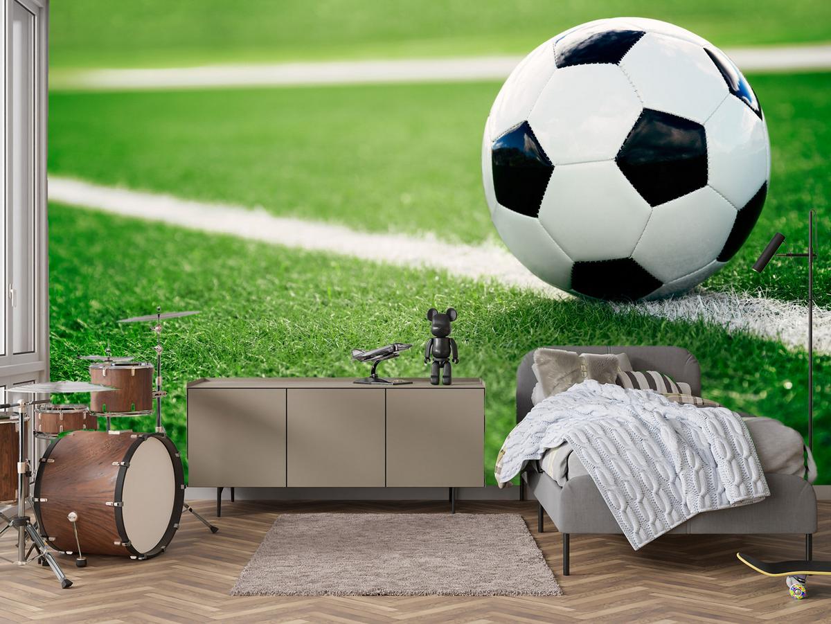 FOTOTAPETE für Jugendzimmer Fußball Grüne Rasen Stadion Sport 150x105 - Schwarz/Weiß, Papier (150/105cm) - Muralo
