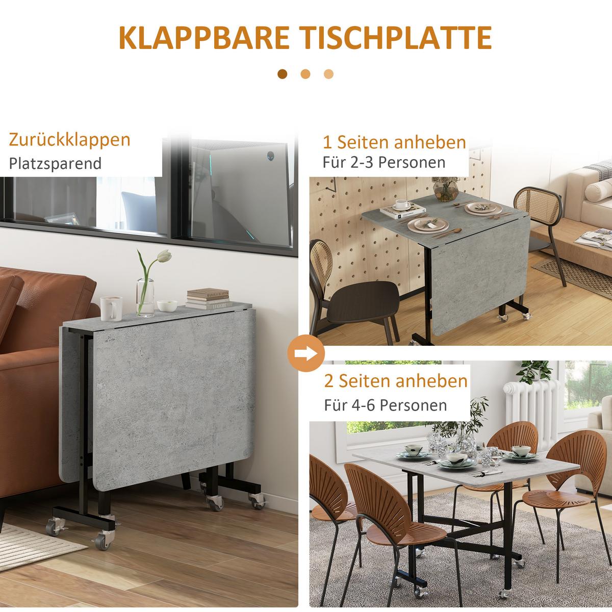 ESSTISCH, Küchentisch mit Rollen, Klapptisch für 4-6 Personen, für Küche, Grau - Schwarz/Grau, Holzwerkstoff/Metall (120/80/73cm) - HOMCOM