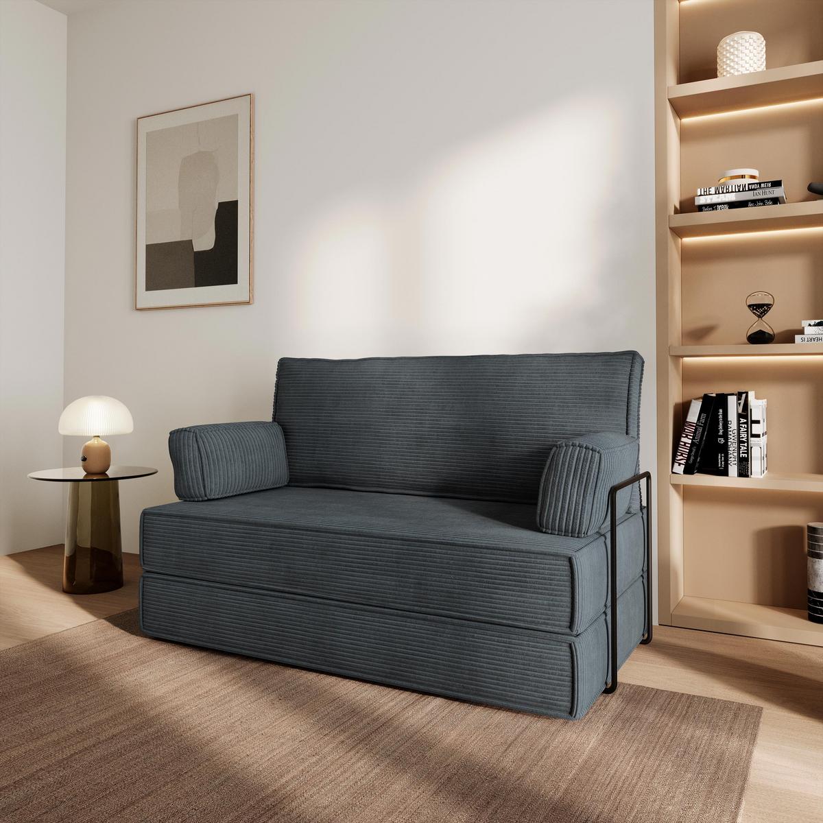 BETTSOFA LADIA aus Schaumstoff Kordstoff Grau Schlaffunktion - Dunkelgrau, Textil (140/86/60cm) - MASSENO