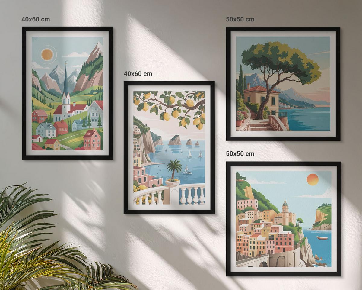 BILDER SET 4er Set - 50x50 cm & 40x60 cm Schwarzer Rahmen - Meereslandschaften, Zitrusfrüchte - Schwarz, Kunststoff (50/50cm) - TULUP