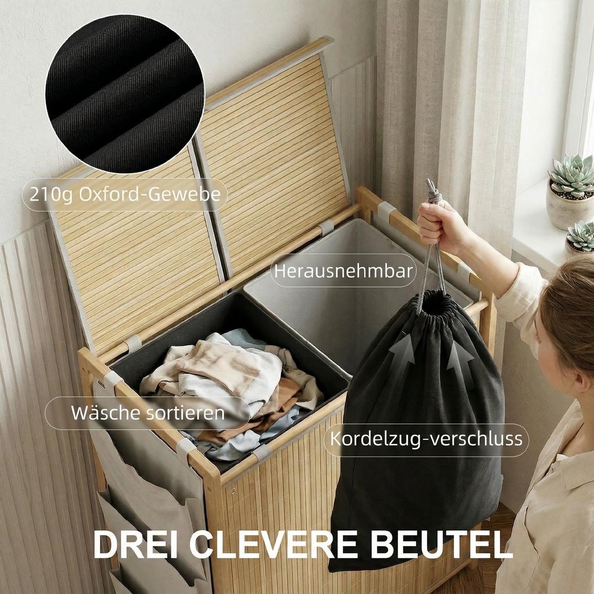 WÄSCHESAMMLER Bambus Naturholz - Naturfarben, Naturmaterialien (33/78/63cm) - HOMCOM
