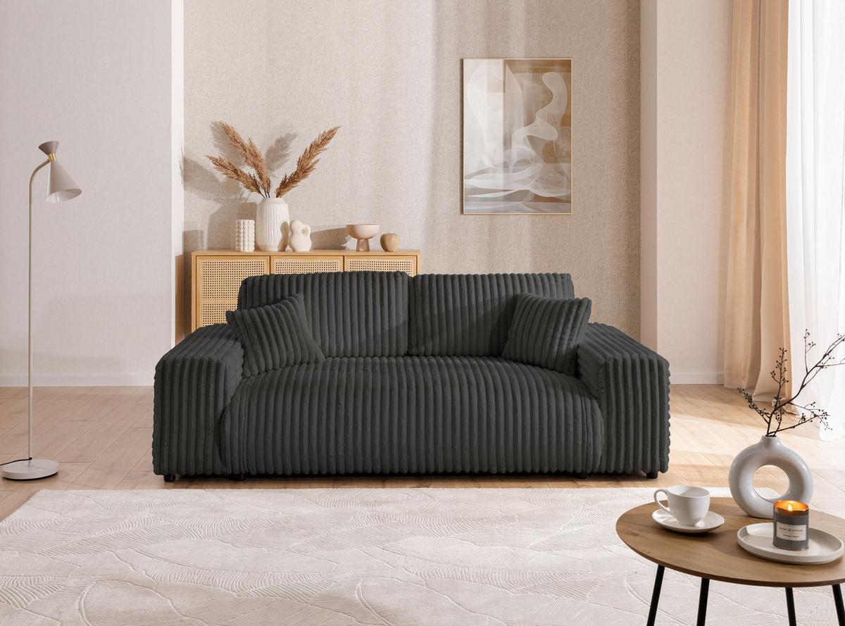 SITZGARNITUR 3+2 Mollis Dunkelgrau Plüschcord - Dunkelgrau/Schwarz, Holz/Kunststoff (213/79/108cm) - S-Style Möbel