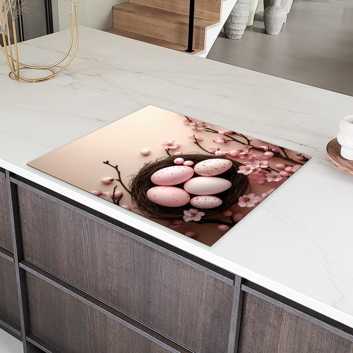 HERDABDECKPLATTE Rosa - Blüten - Eier Induktionsmatte 77x59 cm - Hellrosa, Kunststoff (77/59/0.2cm) - MuchoWow