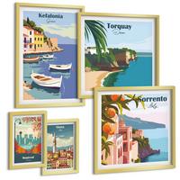 BILDER SET 5er Set - 50x50 cm & 20x30 cm & 40x60 cm Goldrahmen - Retro-Illustrationen berühmter Orte - Goldfarben, Kunststoff (40/60cm) - TULUP