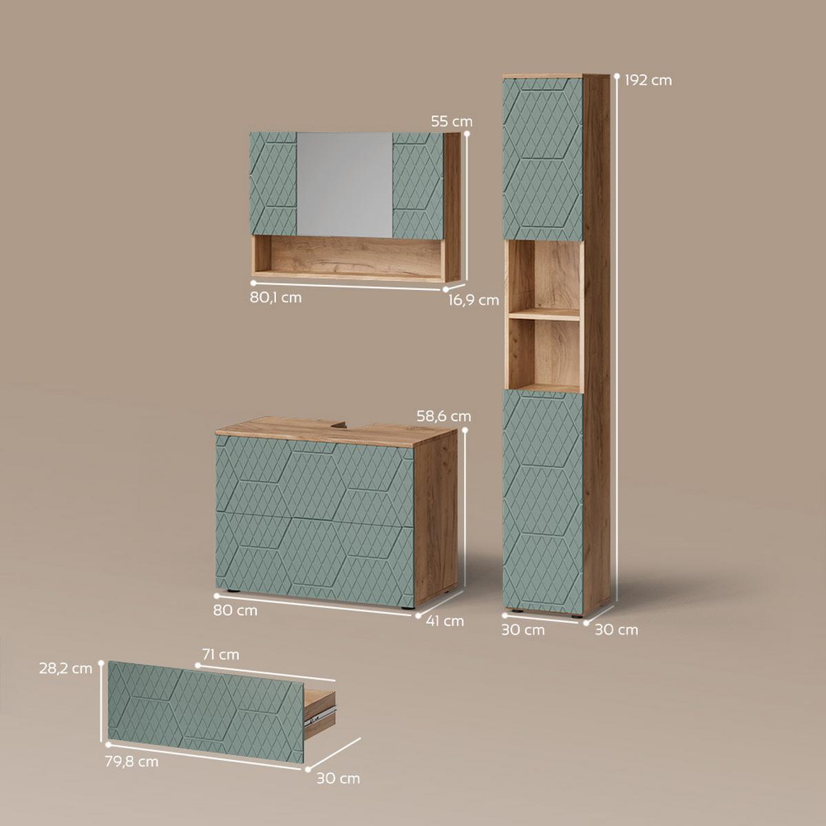 BADMÖBEL-SET Ronco Grün/Goldkraft Eiche 3 Teile, mit Spiegelschrank 80 cm - Honigeiche/Grün, Holzwerkstoff (80/58/41cm) - Livinity®