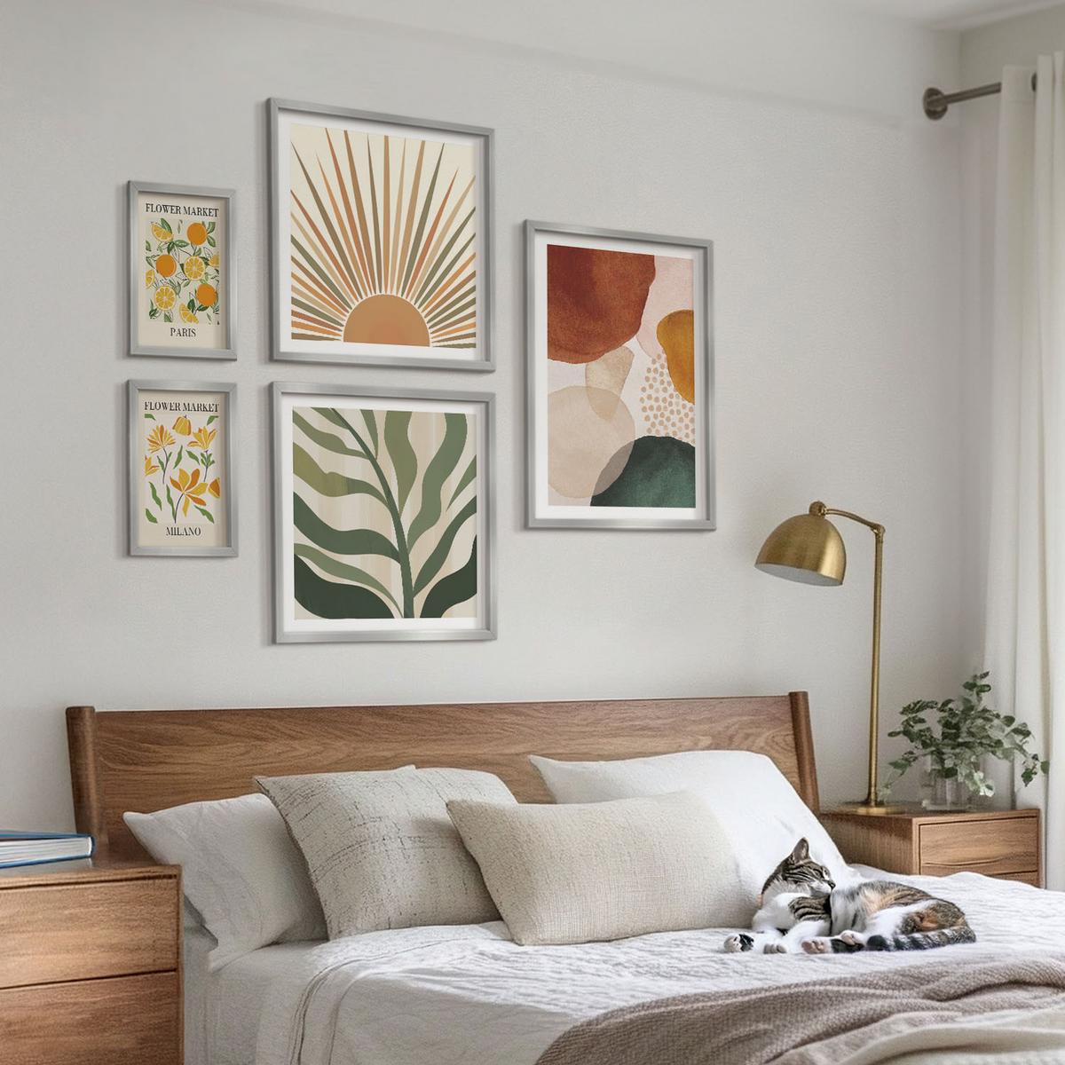 BILDER SET 5er Set - 50x50 cm & 20x30 cm & 40x60 cm Silberner Rahmen - Abstrakte Blumenmotive - Silberfarben, Kunststoff (40/60cm) - TULUP