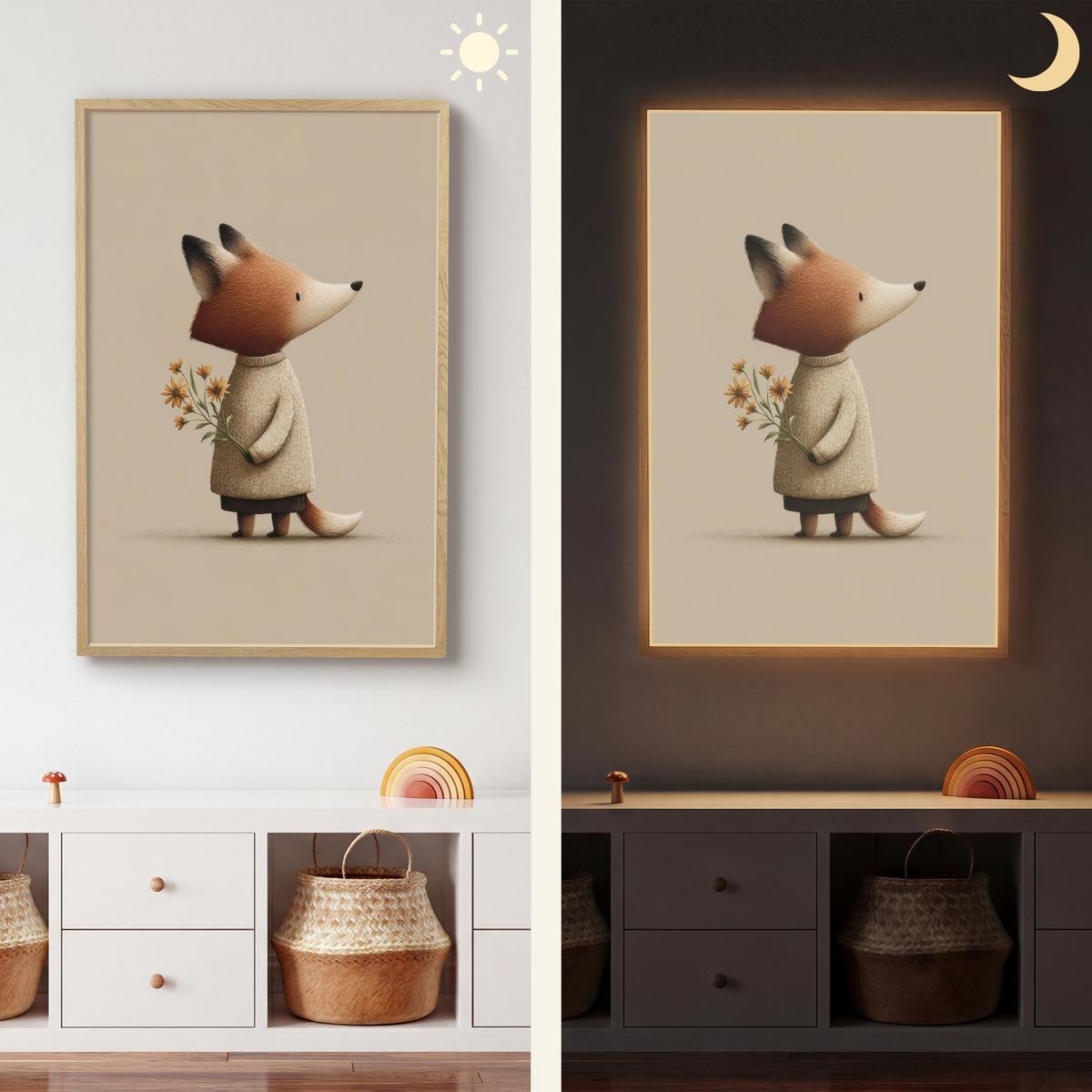 WANDLEUCHTE MIT AKKU Fuchs - Gelbe Blumen - Minimalistisch 60x90 cm - Taupe, Holzwerkstoff (60/90/8cm) - OnlyWow