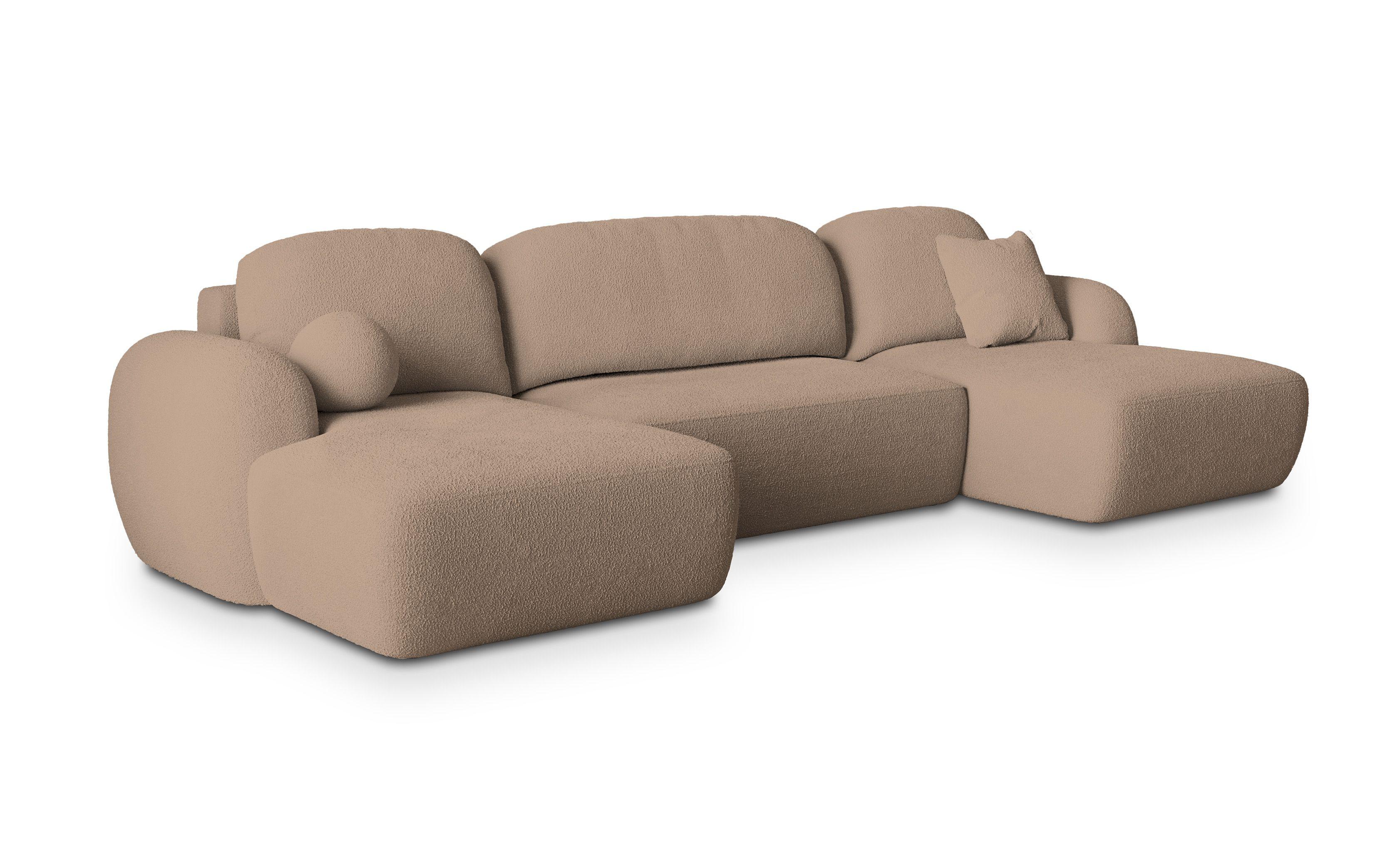 WOHNLANDSCHAFT SAVONA N Beige Boucle-Stoff mit Schlaffunktion - Beige/Schwarz, Holz/Kunststoff (320/90/148cm) - MASSENO