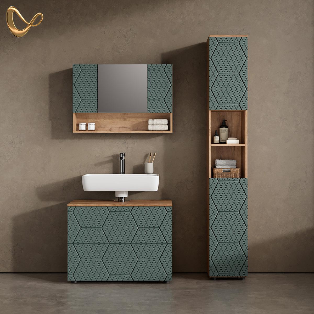 BADSPIEGELSCHRANK Ronco Grün/Goldkraft Eiche 80 x 55 cm - Honigeiche/Grün, Holzwerkstoff (80/55/17cm) - Livinity®